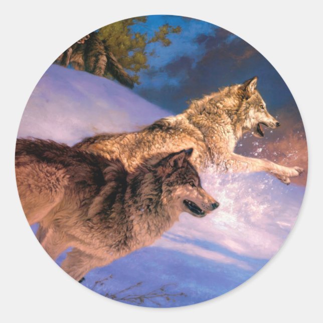Sticker Rond Deux loups gris en hiver (Devant)