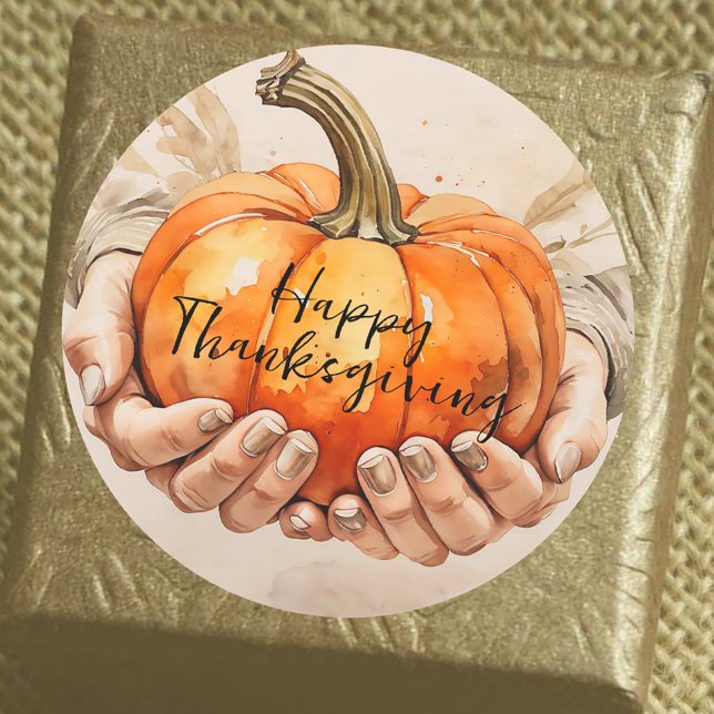 Sticker Rond Deux mains doucement tenir un Thanksgiving Citroui (Créateur téléchargé)