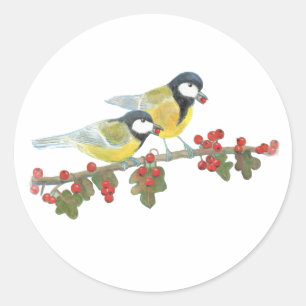 Sticker Rond Deux mésanges charbonnières sur la branche de l'au