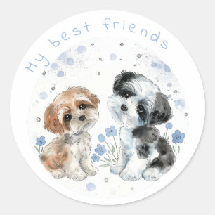 Sticker Rond Deux mignons chiots, personnalisés