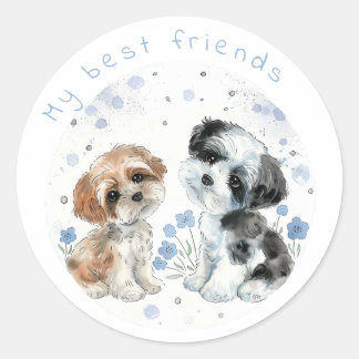 Sticker Rond Deux mignons chiots, personnalisés
