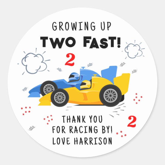 Sticker Rond Deux Rapides 2e Anniversaire Enfants Racing Voitur (Devant)