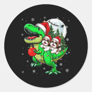Sticker Rond Deux Shih Tzus de Noël chevauchant un T-rex amoure
