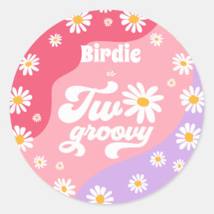 Sticker Rond Deux Super fête de 2e anniversaire Retro Daisy Fa