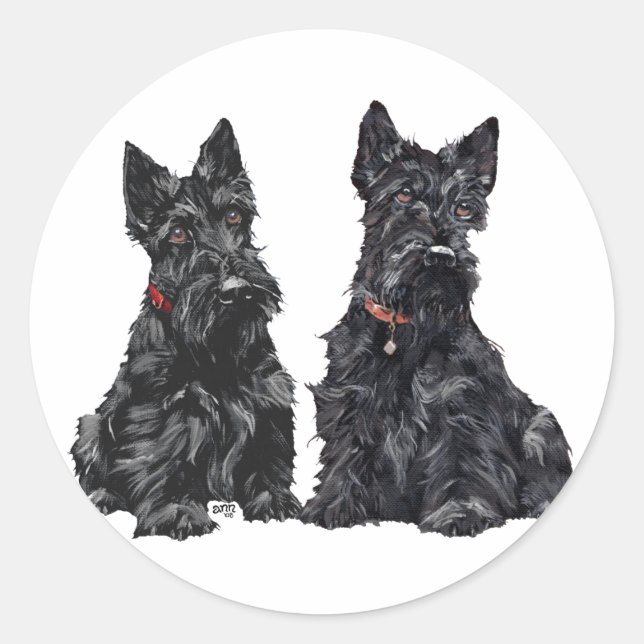 Sticker Rond Deux Tériers Écossais Noirs (Devant)
