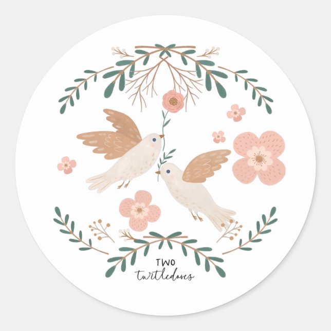 Sticker Rond Deux tourterelles 12 jours de Noël mignonne folk (Devant)