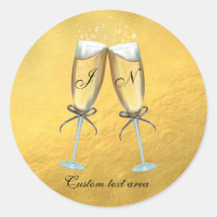 Sticker Rond Deux verres de Bubbly Faux Foil Gold Personnalisé