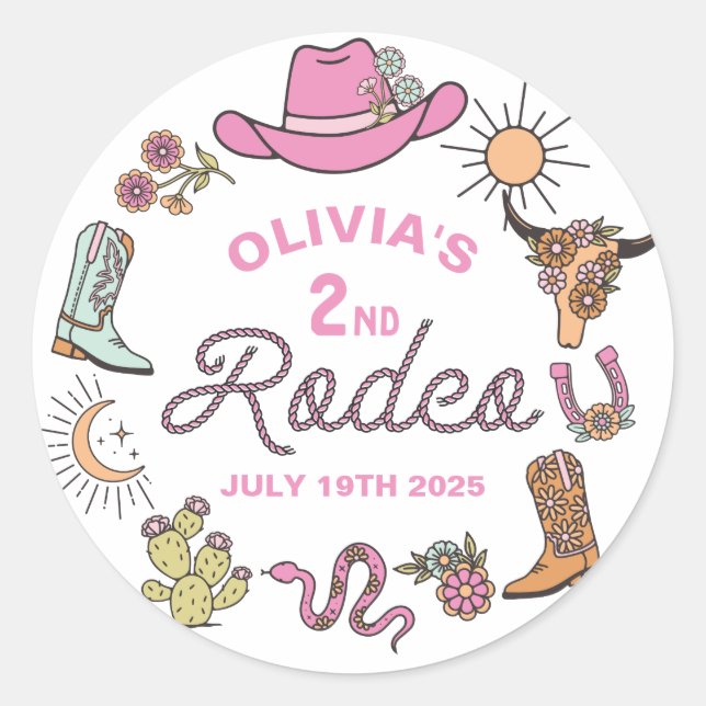 Sticker Rond Deuxième Rodéo Rose Western Cowboy 2e anniversaire (Devant)