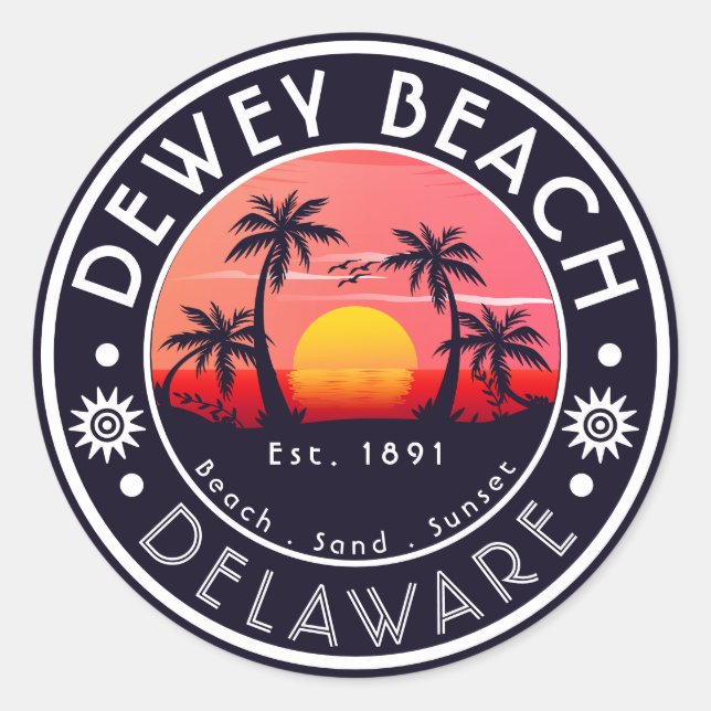 Sticker Rond Dewey Beach Delaware Palmiers Vintages années 80 (Devant)