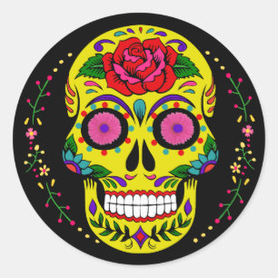 Sticker Rond Día de los Muertos Crâne jaune sucre Halloween