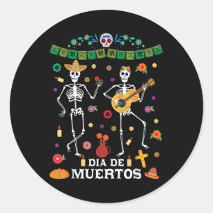 Sticker Rond Dia De Muertos Danser Skeleton Célébrer Hallowee