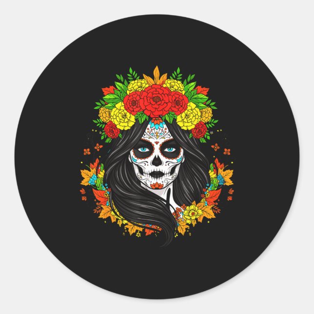 Sticker Rond Día De Muertos La Catrina Day Of The Dead Women Su (Devant)