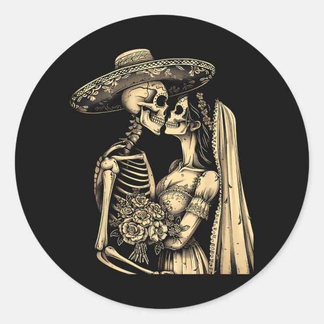 Sticker Rond Dia De Muertos Sugar Skull Couple Skeleton Bride W (Devant)