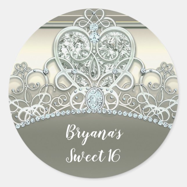 Sticker Rond Diadème Anniversaire Princesse Ivory Platine Cœur  (Devant)