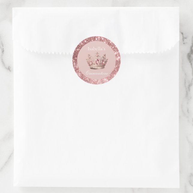Sticker Rond Diadème Couronne Pailleté Floral Blush Quinceañera (Sac)