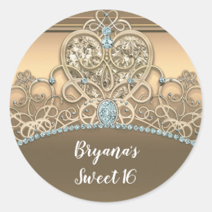 Sticker Rond Diadème de princesse coeur glamour or Fête d'anniv