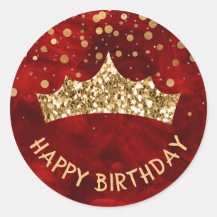 Sticker Rond Diadème en or avec bokeh doré et Joyeux anniversai