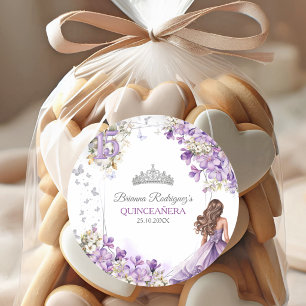 Sticker Rond Diadème Floral Papillon Argent Lavande Quinceañera