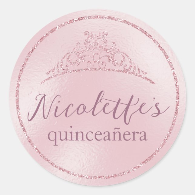 Sticker Rond Diadème Glamour Rose Pailleté Quinceañera (Devant)