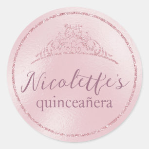 Sticker Rond Diadème Glamour Rose Pailleté Quinceañera