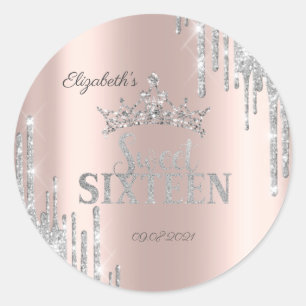 Sticker Rond Diadème gouttes de paillettes argent rose or rose