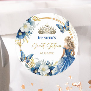 Sticker Rond Diadème Princesse Or Bleu Royal Floral Sweet 16