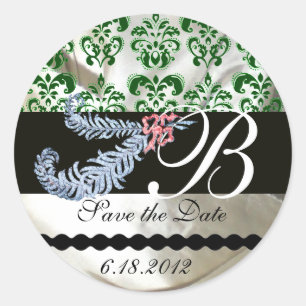 STICKER ROND DIAMANT PLUMES BLANC VERT SOIE DAMASSÉE MONOGRAMME