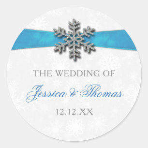 Sticker Rond Diamante Snowflake & Blue Ribbon Mariage d'hiver