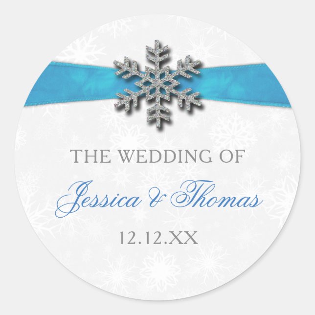 Sticker Rond Diamante Snowflake & Blue Ribbon Mariage d'hiver (Devant)