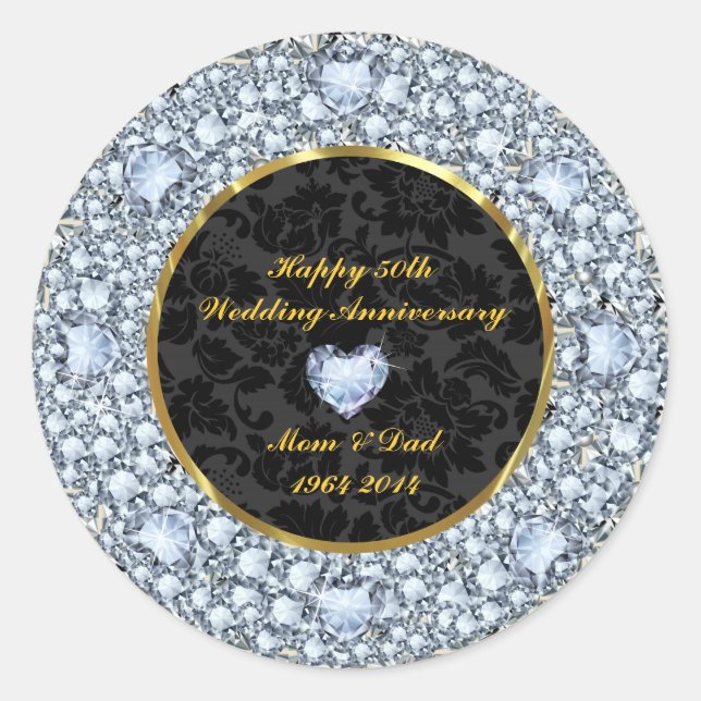 Sticker Rond Diamants, Black & Gold 50e anniversaire de Mariage (Devant)