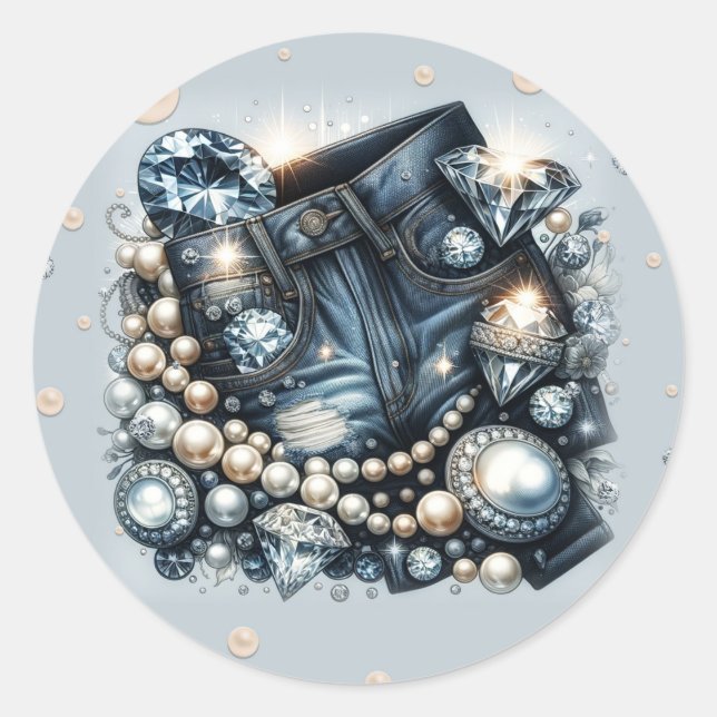 Sticker Rond Diamants de denim et perles Jeans Bling Fête d'ann (Devant)