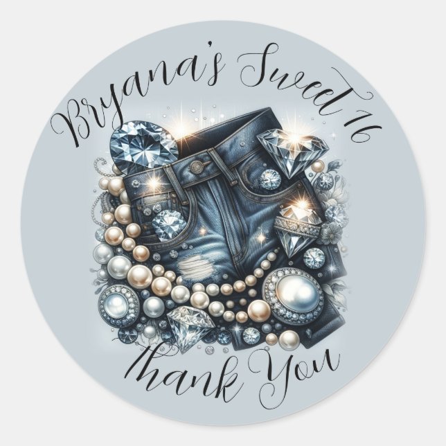 Sticker Rond Diamants de Denim & Perles Jeans Bling Party (Devant)