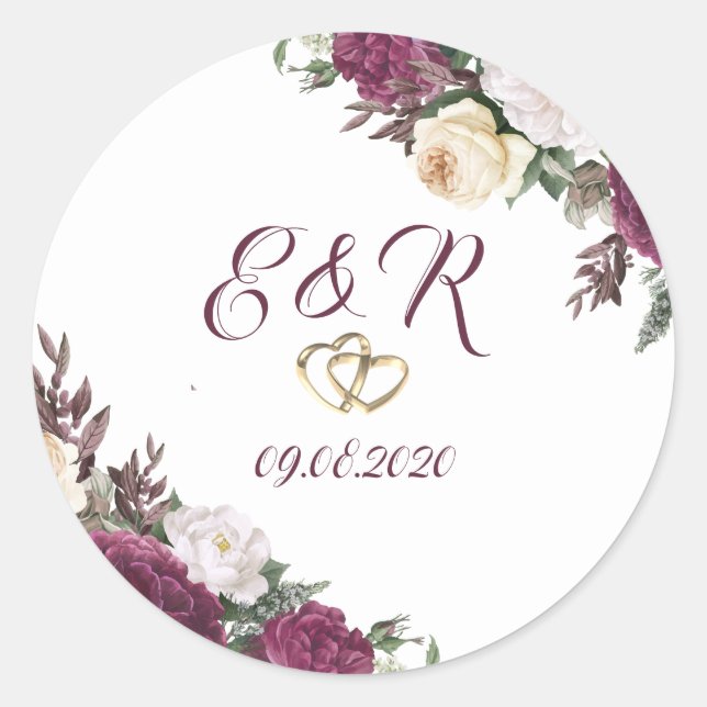 Sticker Rond Diamants d'or Bourgogne Floral Hearts Mariage (Devant)
