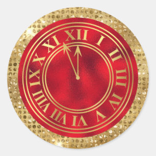 Sticker Rond Diamants dorés sur l'horloge rouge du Nouvel An