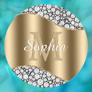 Sticker Rond Diamants Glamour, Grand Monogramme Doré, Nom Blanc