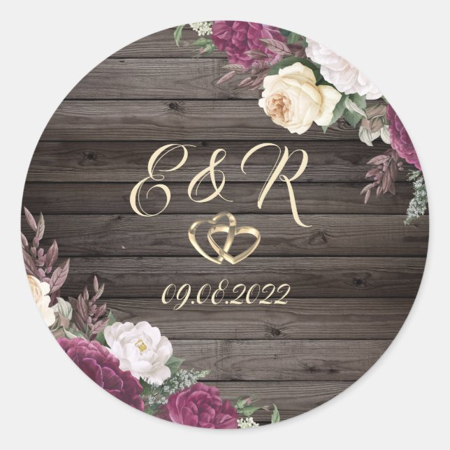 Sticker Rond Diamants Or Bourgogne Fleurs Cœurs Bois (Devant)