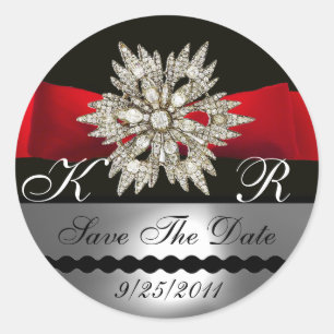 STICKER ROND DIAMOND STARS BLACK WHITE RED RIBBON MONOGRAM