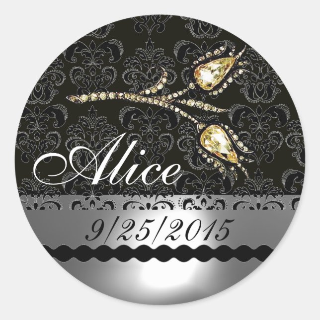 Sticker Rond DIAMOND TULIPS BLACK WHITE GRAY DAMASK, Enregistre (Devant)