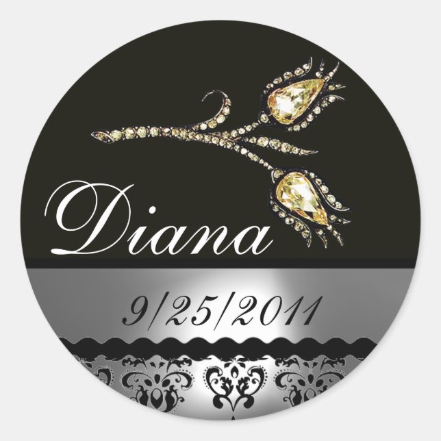 Sticker Rond DIAMOND TULIPS BLACK WHITE GRAY DAMASK, Enregistre (Devant)