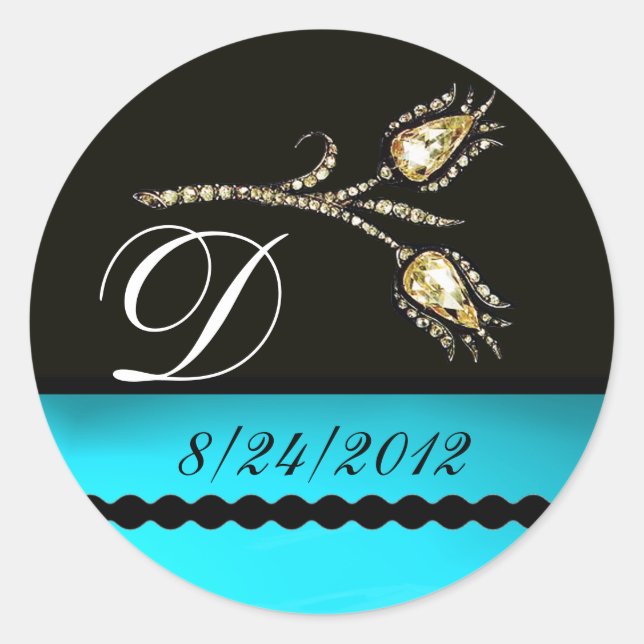 STICKER ROND DIAMOND TULIPS NOIR AQUA BLANC BLEU TURQUOISE MONO (Devant)