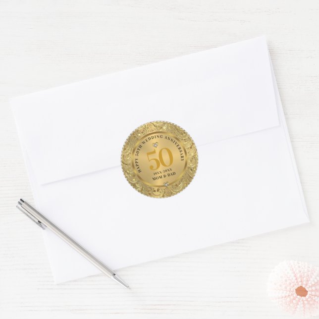 Sticker Rond Diamonds Gold 50e anniversaire Mariage (Enveloppe)