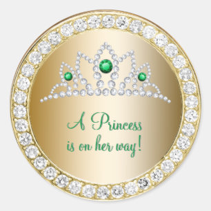 Sticker Rond Diamonds Gold Princess Emerald Tiara Baby shower