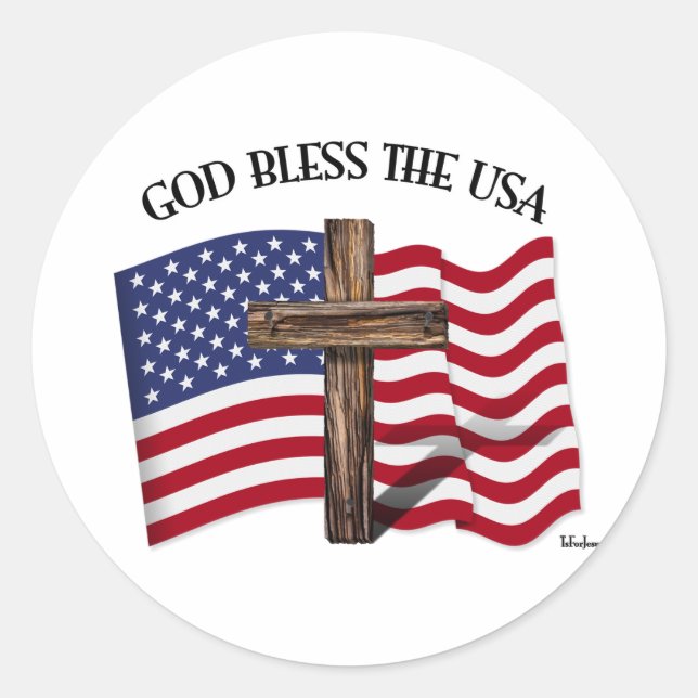 Sticker Rond DIEU BÉNISSE LES ÉTATS-UNIS avec une croix robuste (Devant)