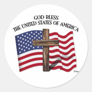 Sticker Rond DIEU BÉNISSE LES ÉTATS-UNIS D'AMÉRIQUE croix drape