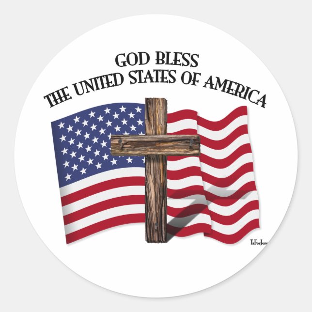 Sticker Rond DIEU BÉNISSE LES ÉTATS-UNIS D'AMÉRIQUE croix drape (Devant)