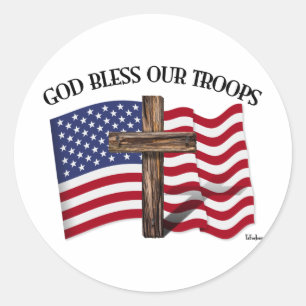 Sticker Rond Dieu bénisse nos troupes avec une croix robuste et