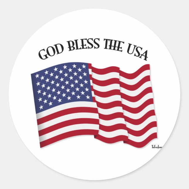 Sticker Rond DIEU BLESS USA avec drapeau US (Devant)