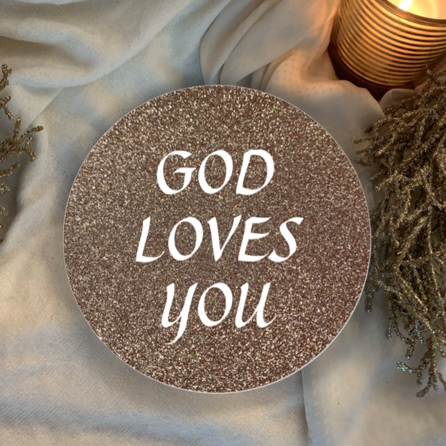 Sticker Rond Dieu t'aime Parties scintillant Texte personnalisé (Custom text faux gold glitter elegant round sticker. God loves you custom Christian gift.
)