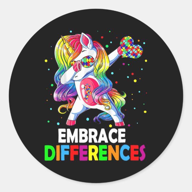Sticker Rond Différences d'acceptation Dabbing Unicorn Autism A (Devant)