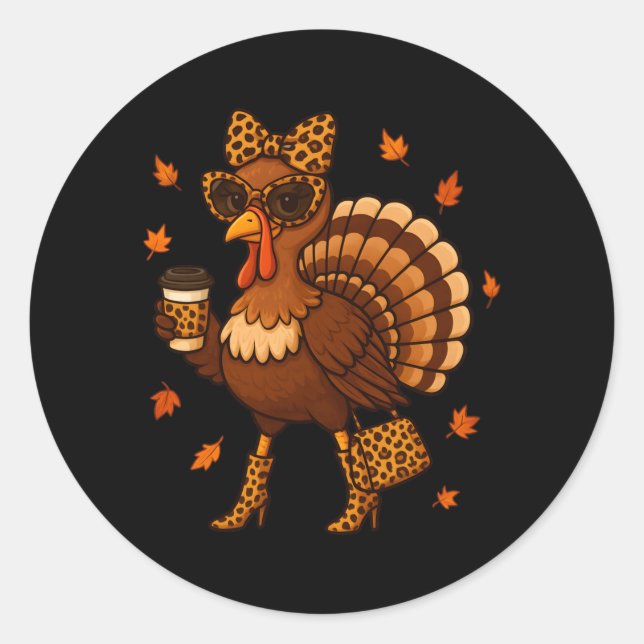 Sticker Rond Dinde à motifs léopard buvant du café Thanksgiving (Devant)